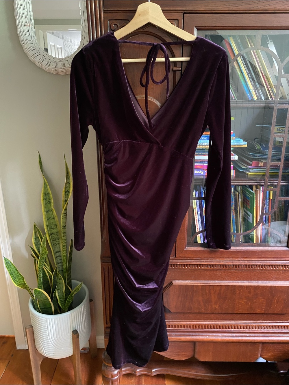 le chateau Deep Plum Velvet Ruched V-Neck Long Sleeve Dress - Picture 2 of 5